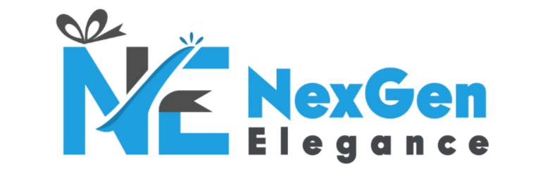 NexGen Elegance logo with blue NE initials and ribbon design on a black background, representing gifts, gadgets, home decor, baby products, and fashion.