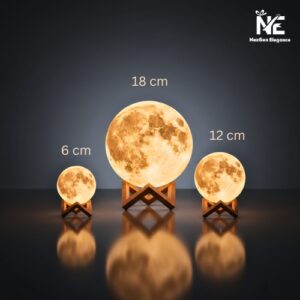 NexGen Elegance 3D Moon Lamp size comparison showing 6cm, 12cm, and 18cm models glowing on a reflective surface.