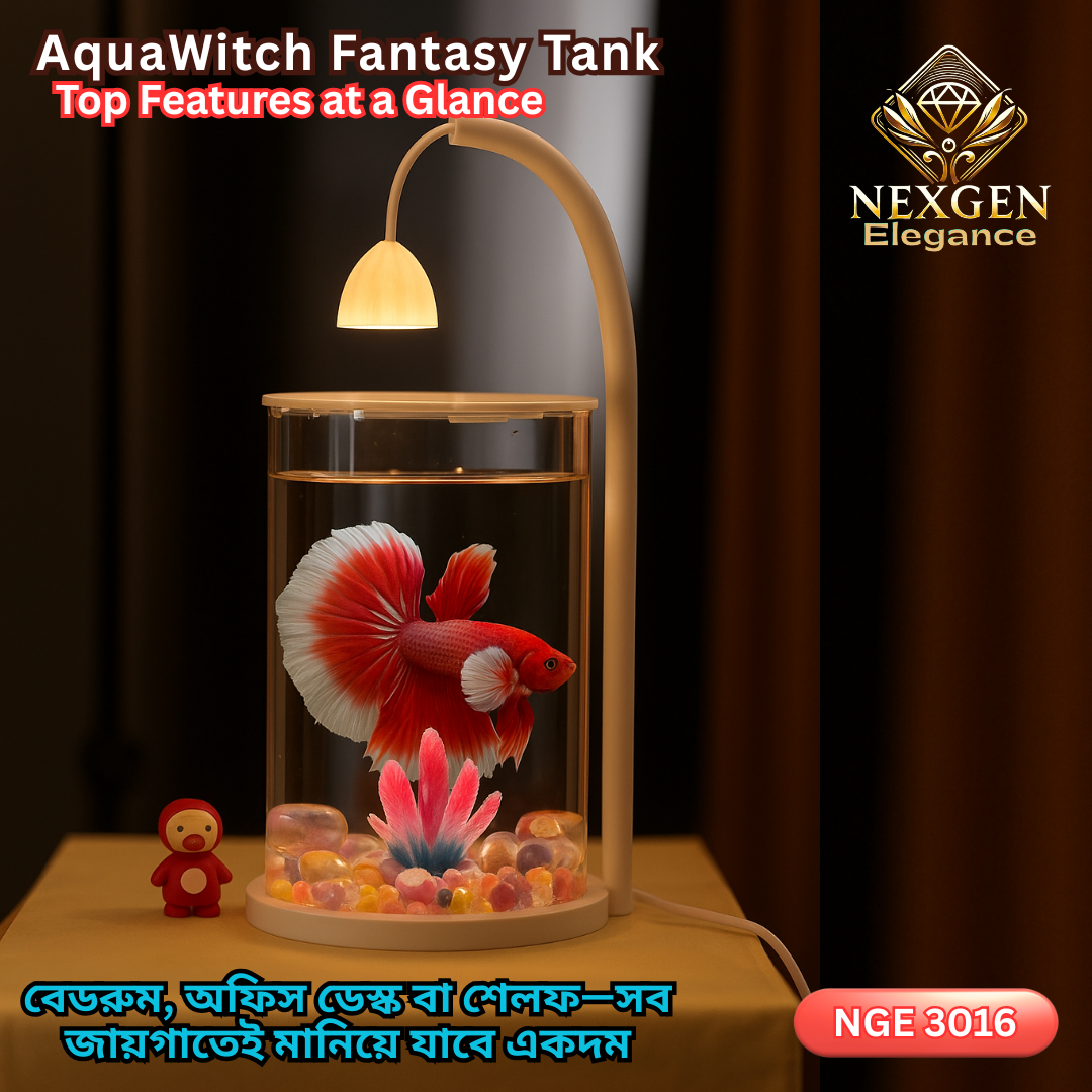 A close-up view of the AquaWitch Fantasy Tank (NGE 3016) showcasing its design. A vibrant red and white Betta fish is swimming inside, with colorful decorative stones and a pink artificial plant at the bottom. An LED lamp on a curved stand illuminates the tank. The image also displays the text "AquaWitch Fantasy Tank Top Features at a Glance" and the "NEXGEN Elegance" logo.
