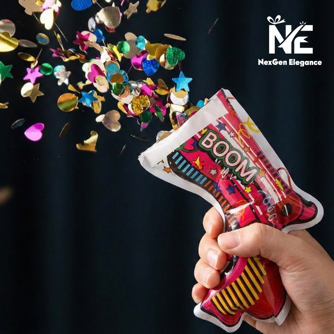 Hand holding a party popper gun blasting colorful confetti foils in the air for celebration moments.