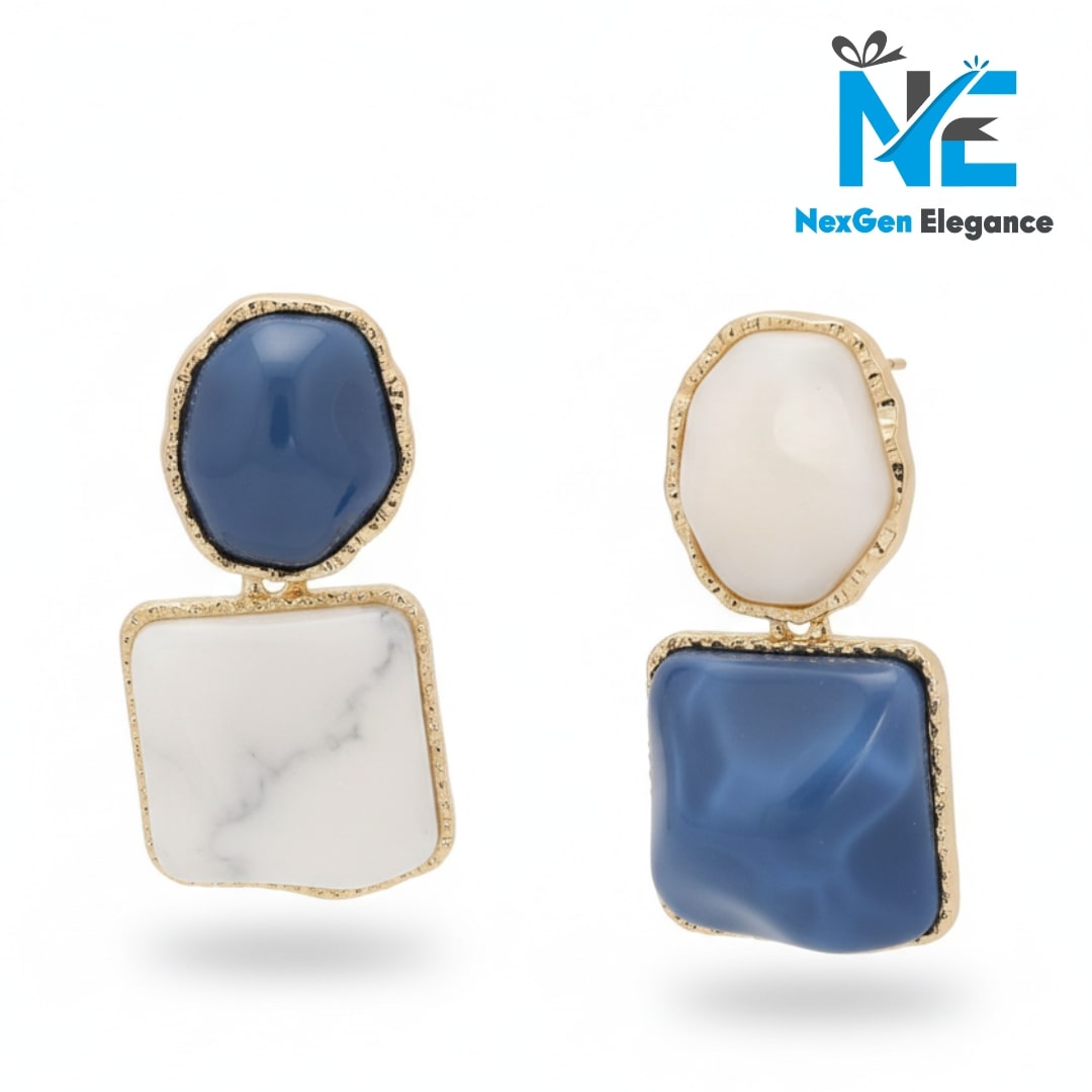 Close-up of blue and white stone geometric earrings with gold border isolated on white background by NexGen Elegance.