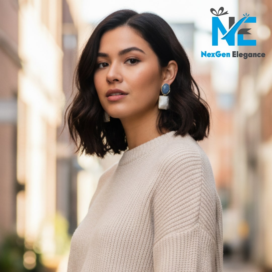 Fashion model in a beige sweater wearing trendy blue and white mismatch earrings in an urban street background.