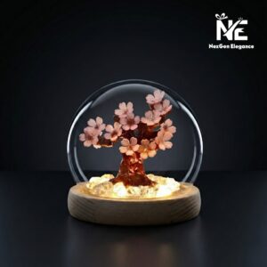 Brightly glowing sakura tree lamp isolated on a black background showing LED illumination.