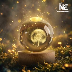 Dandelion crystal ball glowing warmly in a magical mossy forest setting with floating gold sparkles.