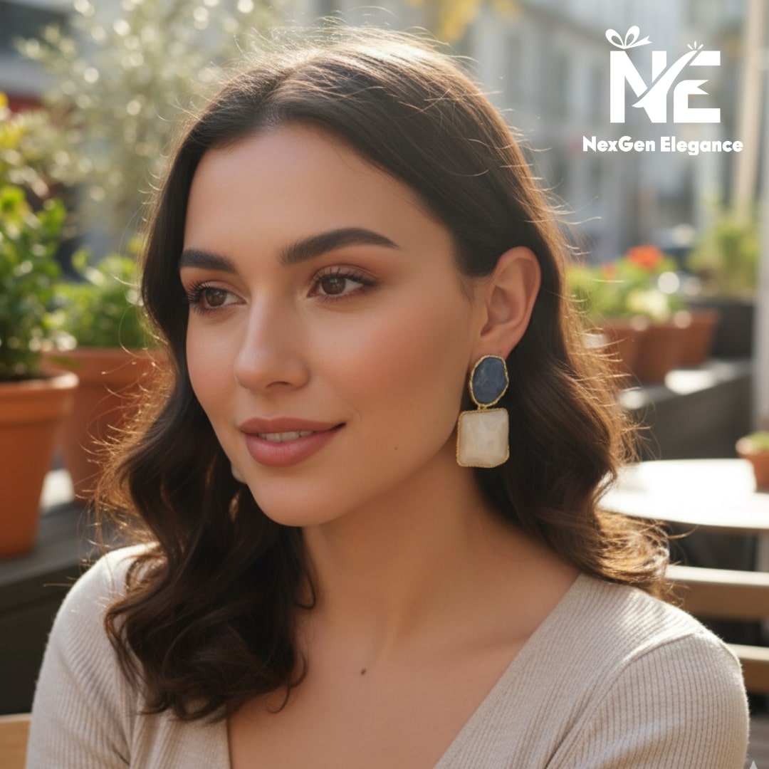 Close-up of a woman wearing blue and white geometric drop earrings in an outdoor cafe setting with natural lighting.
