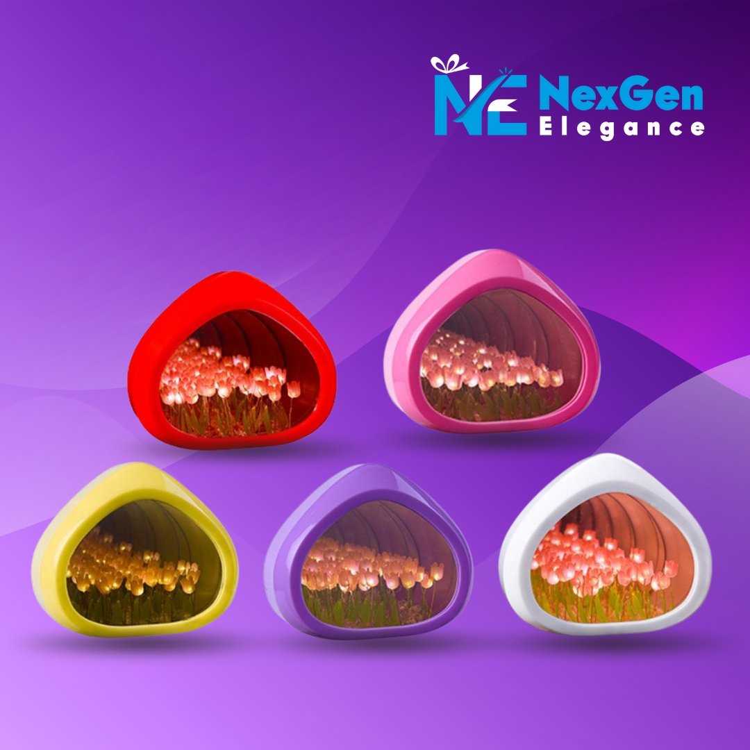 Five Love Tulip Night Lights floating against a purple background. Each lamp shows glowing pink and white tulip LEDs. “NexGen Elegance” logo visible in top right corner.