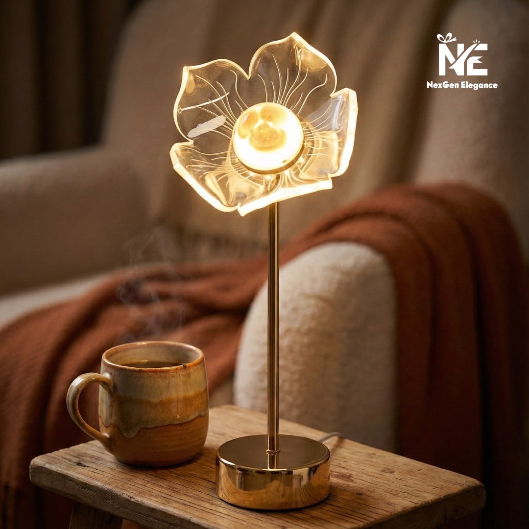 Aesthetic flower bloom lamp placed on a wooden table beside a coffee cup, creating a warm cozy vibe.