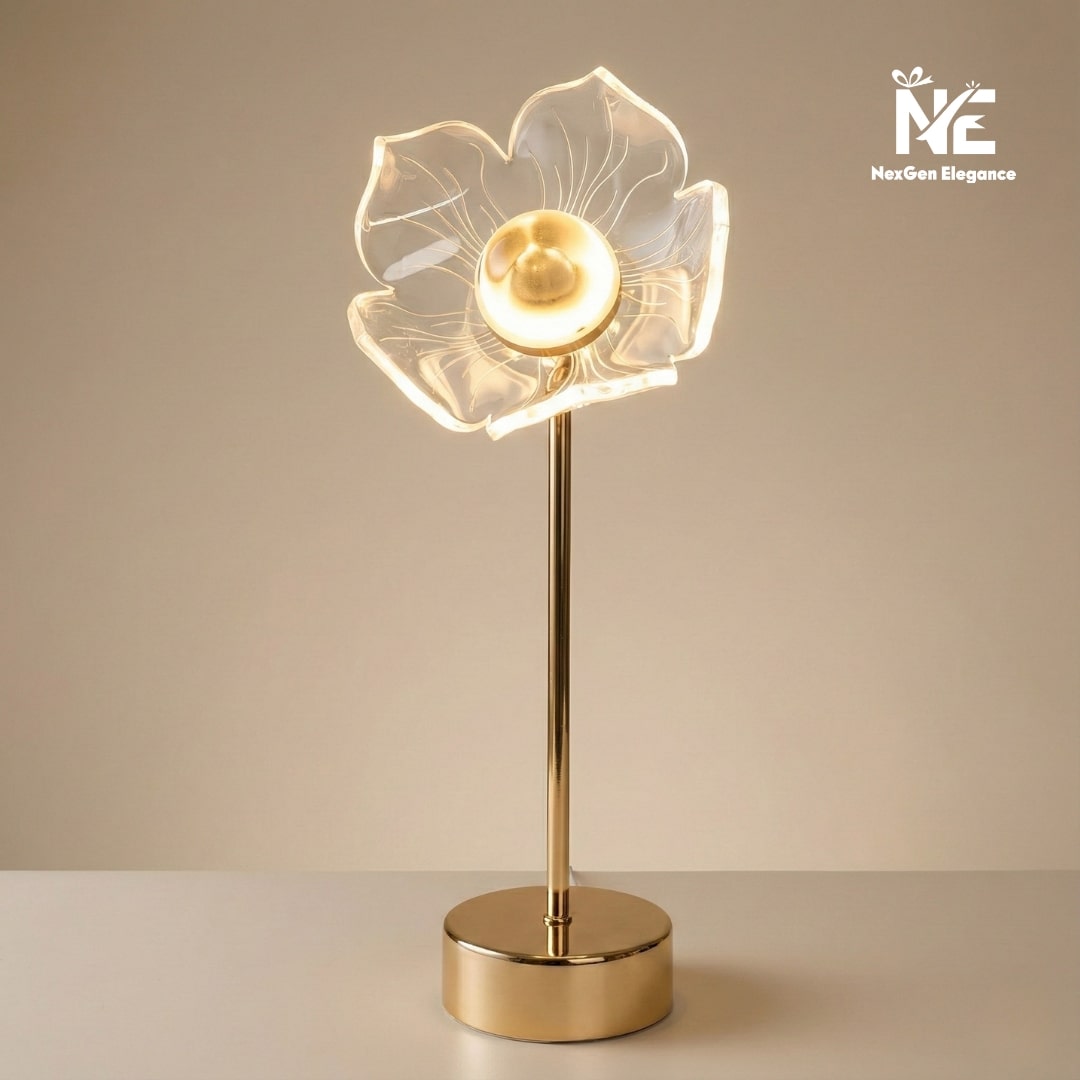 Flower Bloom Table Lamp with gold stand and acrylic sunflower shade on a plain background.