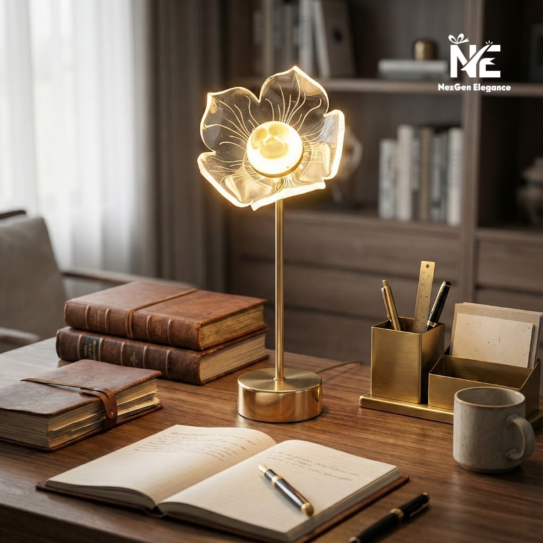 Illuminated flower shaped desk lamp on a study table with books and stationery.