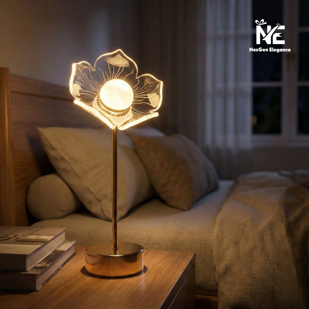 Glowing flower table lamp acting as a night light on a bedside table in a dim bedroom.