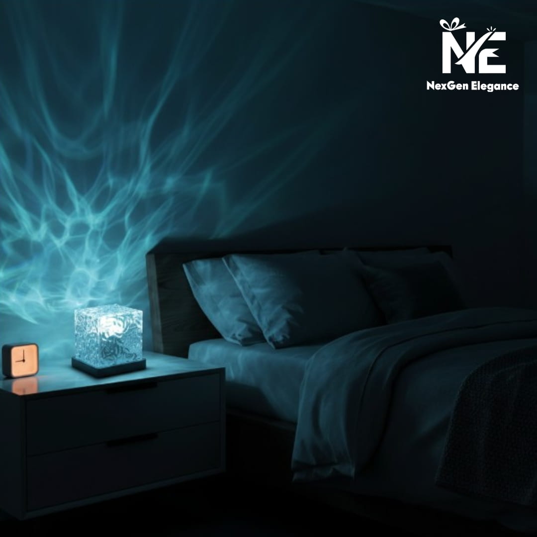 A crystal water ripple lamp on a bedside table projecting calming blue ocean wave patterns on the wall.