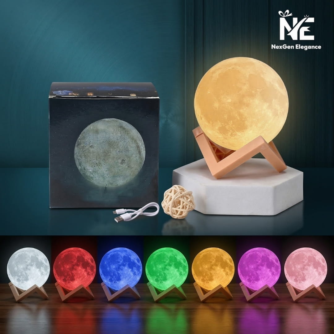 7 color variations of Magic Moon Lamp with box and USB cable.